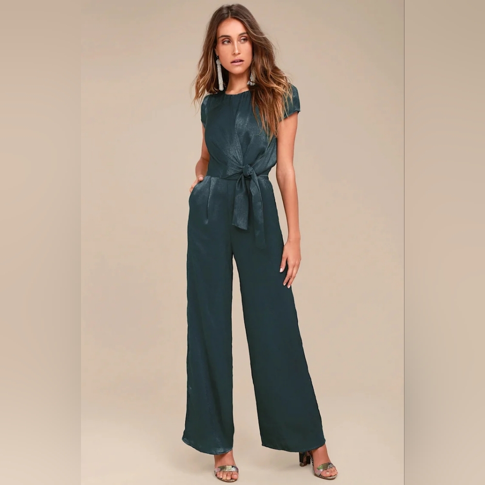 Lulus Let Me Entertain You Dark Green Satin Wide Leg Jumpsuit